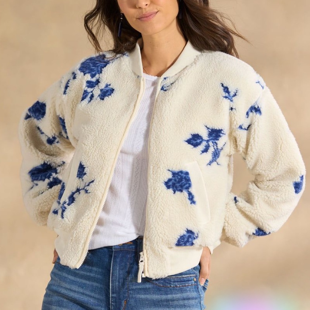 Sundance Blue Floral Sherpa Bomber Jacket Cream Petite XS